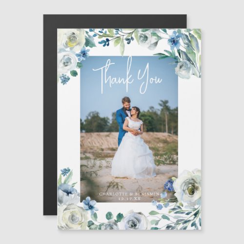 Elegant Blue Floral Wedding Photo Magnet Card