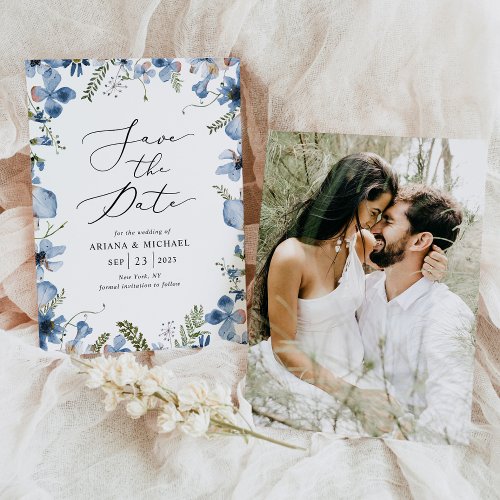 Elegant Blue Floral Wedding Photo Save The Date Invitation