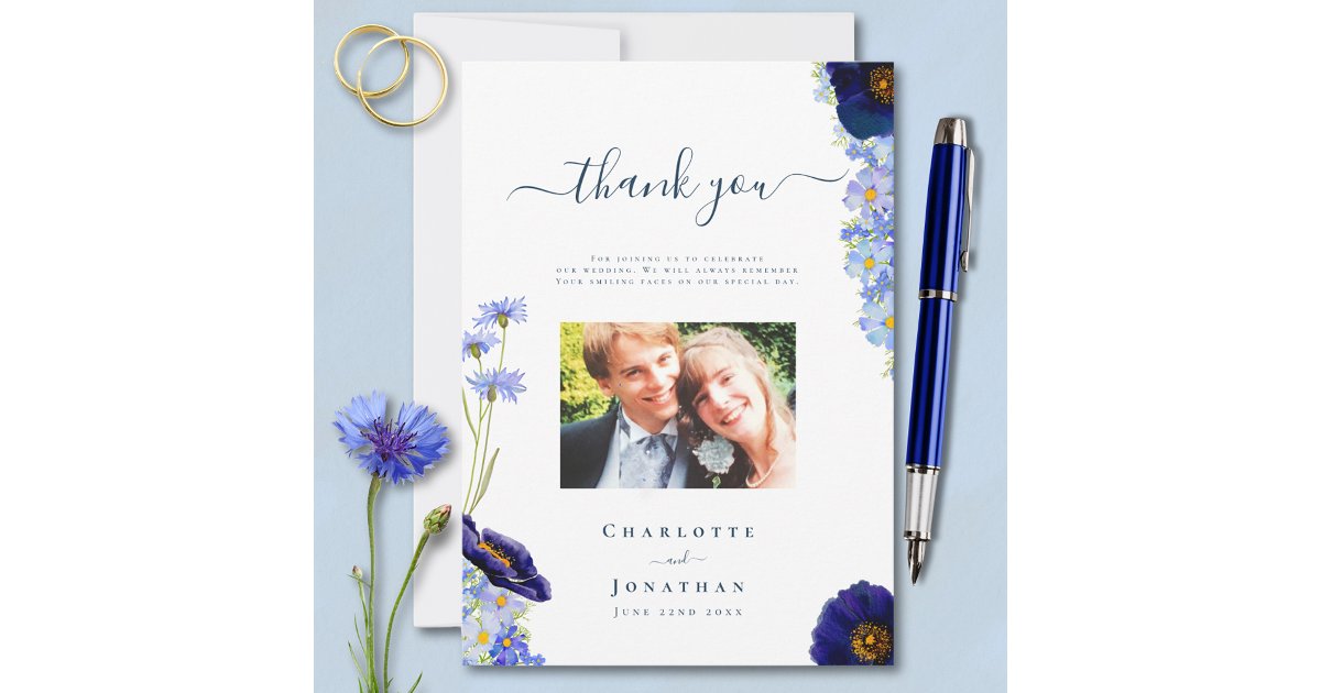 Elegant Blue Floral Wedding Photo Thank You Card | Zazzle