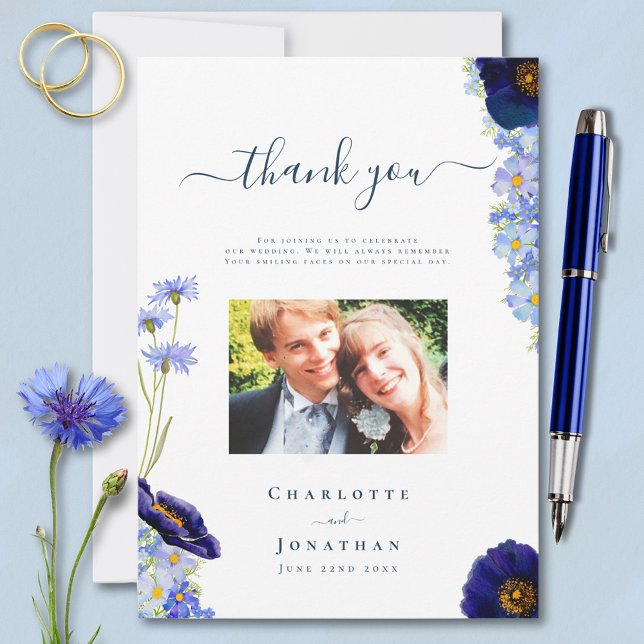 Elegant Blue Floral Wedding Photo Thank You Card (Elegant blue summer floral personalized wedding photo thank you card with watercolor wildflowers )