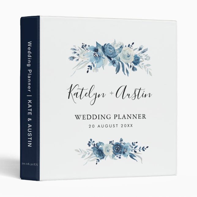elegant blue floral wedding planner 3 ring binder (Front/Spine)