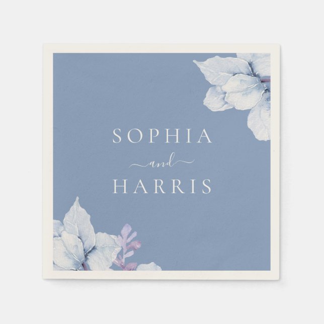 Elegant Blue Floral Wedding Reception Napkins (Front)