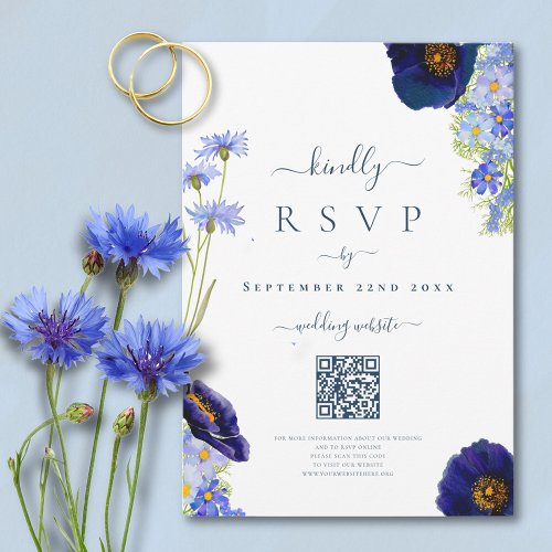 Elegant Blue Floral Wedding Response QR Code