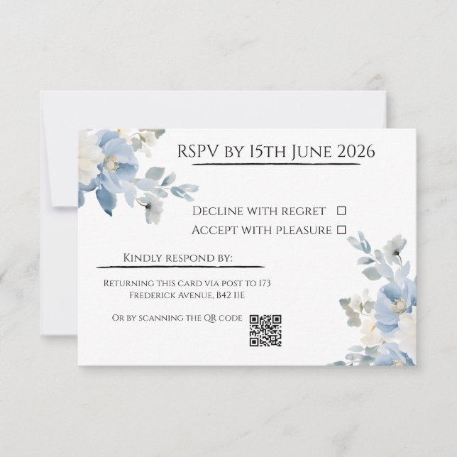Elegant Blue Floral Wedding RSVP Card with QR Code (Front)