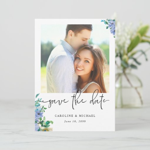 Elegant Blue Floral Wedding Save The Date | Zazzle