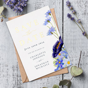 Elegant Blue Floral Wedding Save The Date Gold Foil Invitation