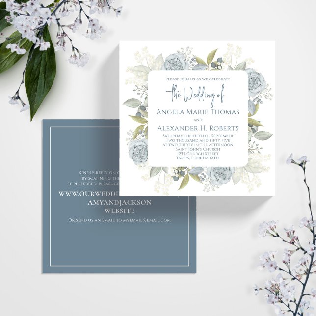 Elegant Blue Floral Wedding Script Square Invitation (Wedding blue floral wedding invitation square template.)