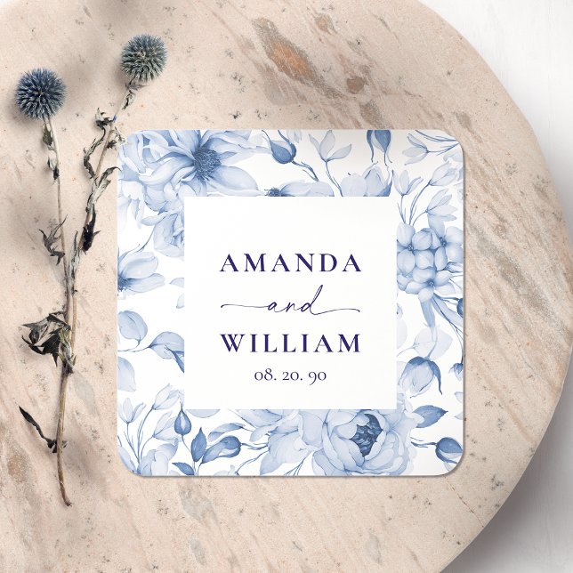 Elegant Blue Floral Wedding  Square Sticker (Creator Uploaded)