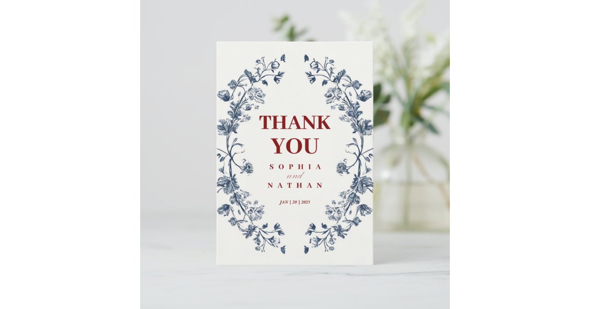 Elegant Blue Floral Wedding Thank You Card | Zazzle