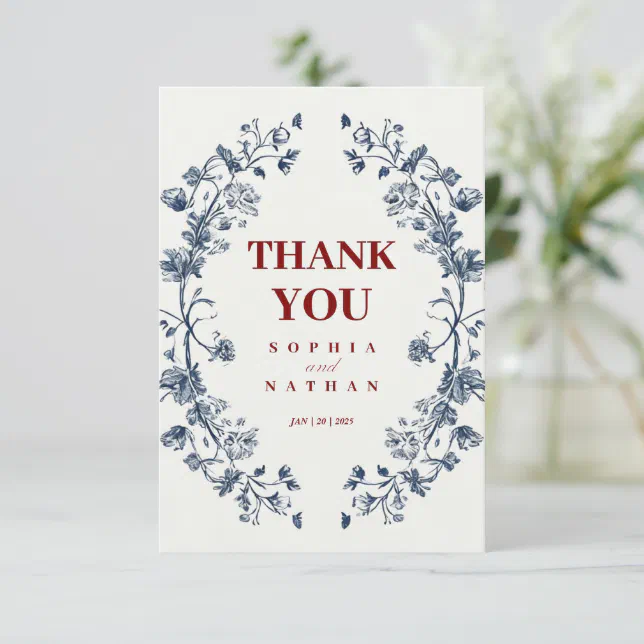 Elegant Blue Floral Wedding Thank You Card | Zazzle