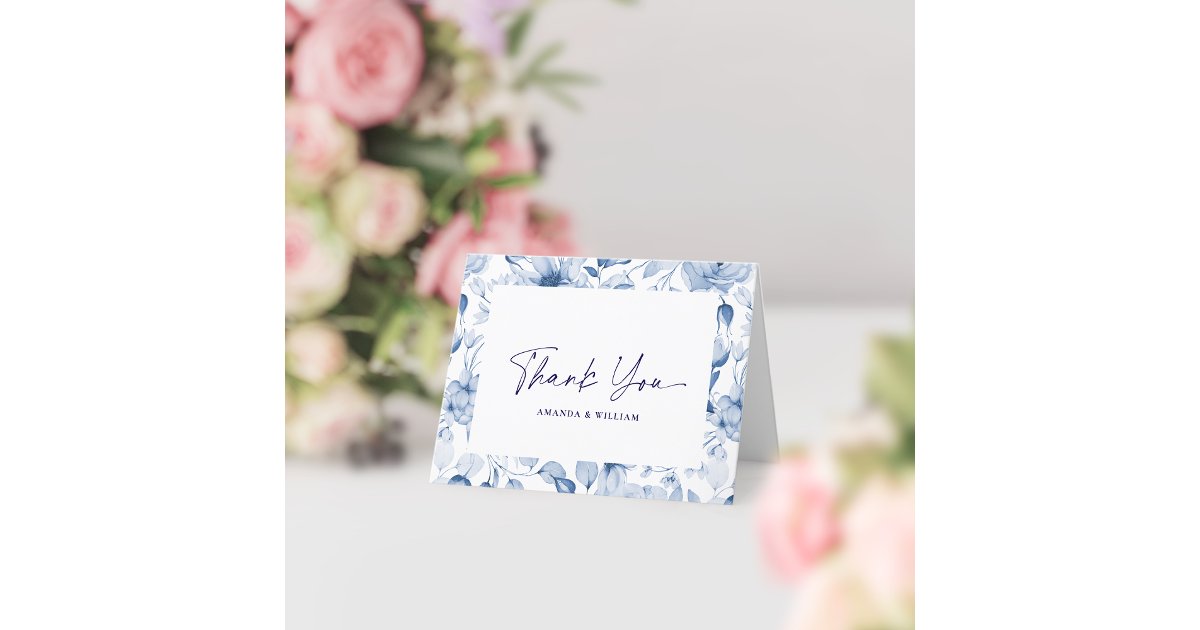 Elegant Blue Floral Wedding Thank You Card | Zazzle