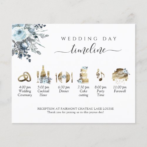 Elegant  Blue Floral Wedding Timeline and Program