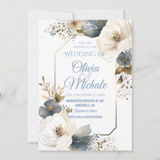 Elegant Blue Floral Wedding Watercolor Gold Frame  Invitation