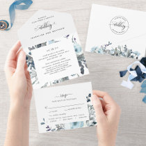 Elegant Blue Floral Wedding with Perforated RSVP  All In One Invitation