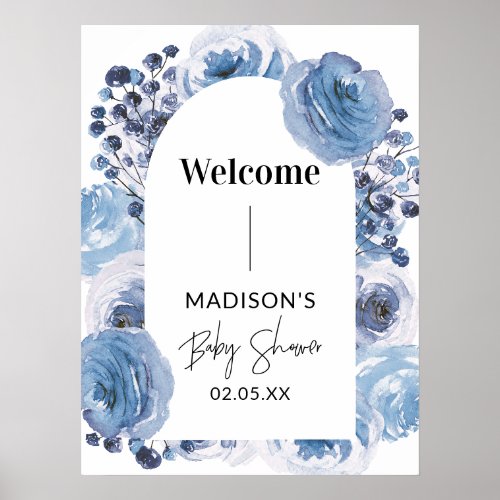 Elegant Blue Floral Welcome Baby Shower Sign