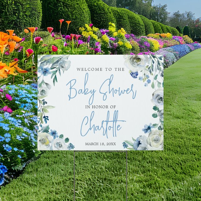 Elegant Blue Floral Welcome Baby Shower Yard Sign (Creator Uploaded)