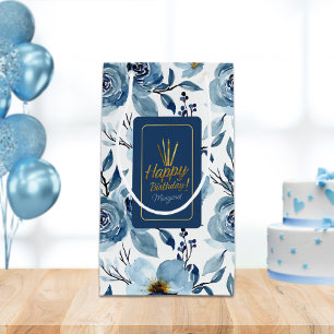 Elegant Blue Floral White Happy Birthday Name Small Gift Bag