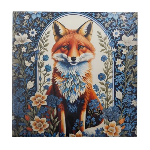 Elegant Blue Floral William Morris Inspired Fox Ceramic Tile