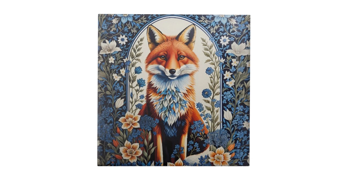 Elegant Blue Floral William Morris Inspired Fox Ceramic Tile | Zazzle
