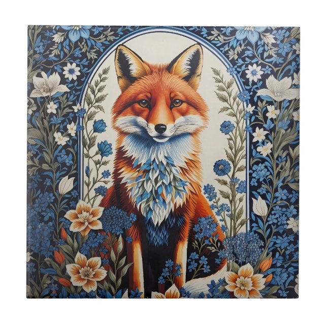Elegant Blue Floral William Morris Inspired Fox Ceramic Tile (Front)
