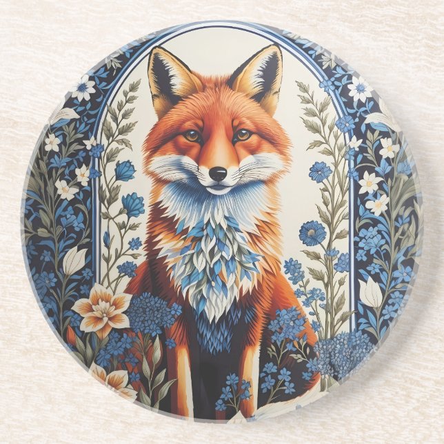 Elegant Blue Floral William Morris Inspired Fox Coaster (Front)