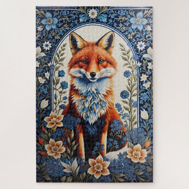 Elegant Blue Floral William Morris Inspired Fox Jigsaw Puzzle (Vertical)