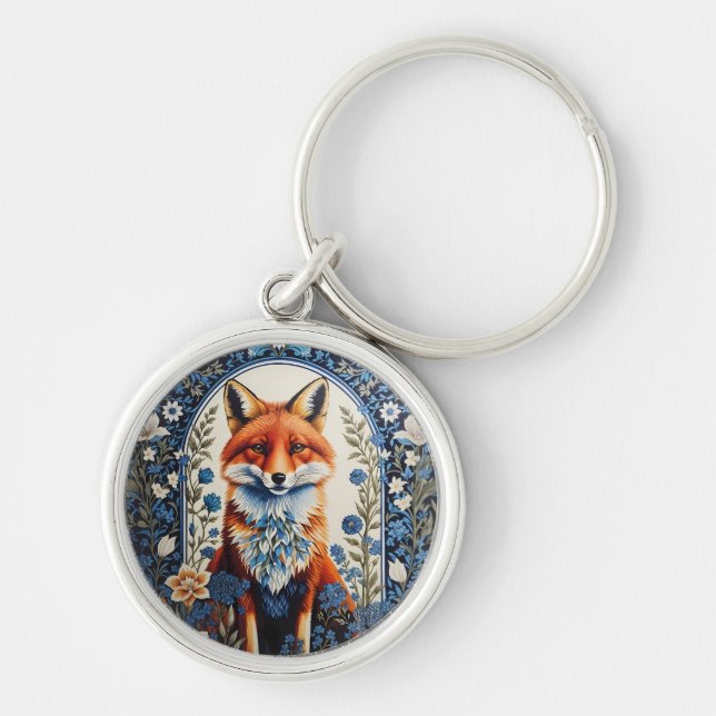 Elegant Blue Floral William Morris Inspired Fox Keychain (Front)