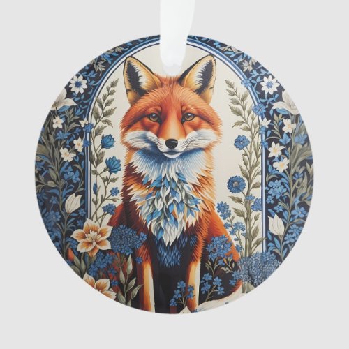 Elegant Blue Floral William Morris Inspired Fox Ornament