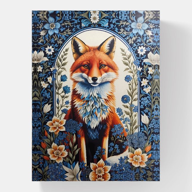 Elegant Blue Floral William Morris Inspired Fox Paperweight (Vertical)
