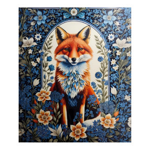 Elegant Blue Floral William Morris Inspired Fox Poster
