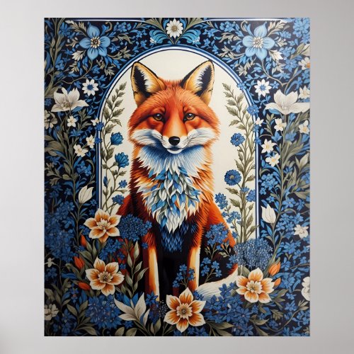 Elegant Blue Floral William Morris Inspired Fox Poster