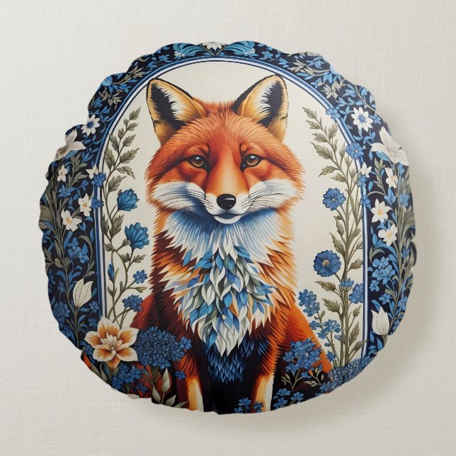 Elegant Blue Floral William Morris Inspired Fox Round Pillow (Front)