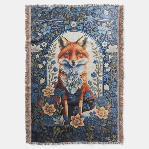 Elegant Blue Floral William Morris Inspired Fox Throw Blanket