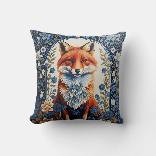 Elegant Blue Floral William Morris Inspired Fox Throw Pillow