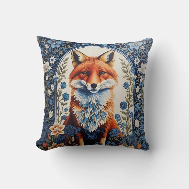 Elegant Blue Floral William Morris Inspired Fox Throw Pillow (Front)
