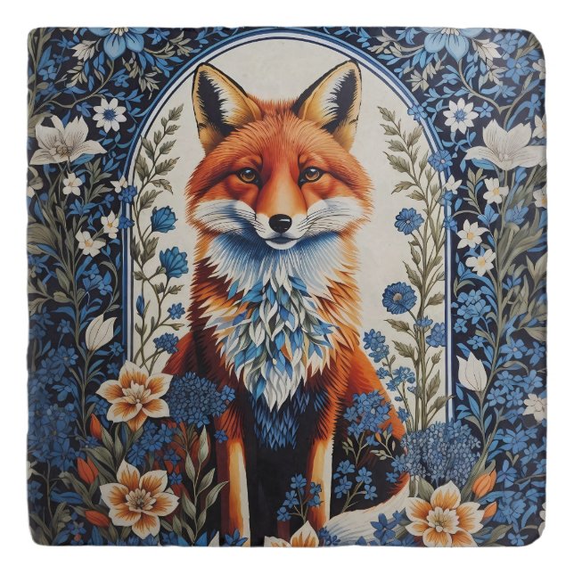 Elegant Blue Floral William Morris Inspired Fox Trivet (Front)