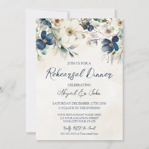 Elegant Blue Floral Winter Rehearsal Dinner