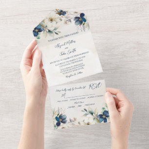 Elegant Blue Floral Winter Wedding All In One Invitation