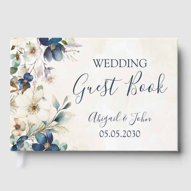 Elegant Blue Floral Winter Wedding Guest Book (Front)
