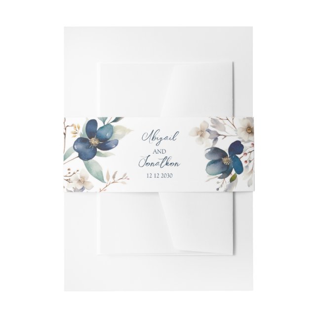 Elegant Blue Floral Winter Wedding Invitation Belly Band (Front Example)