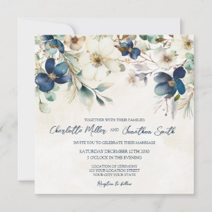 Elegant Blue Floral Winter Wedding Invitations