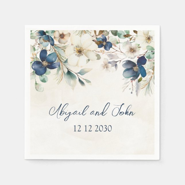 Elegant Blue Floral Winter Wedding Napkin (Front)