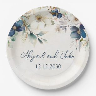 Elegant Blue Floral Winter Wedding Paper Plates