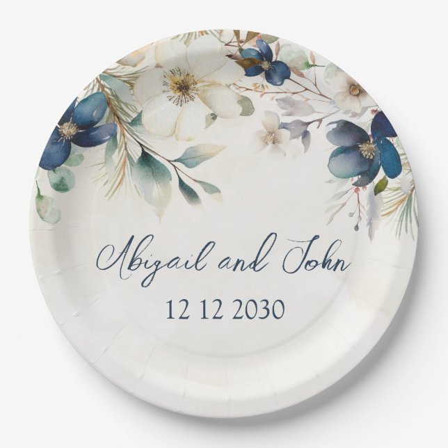 Elegant Blue Floral Winter Wedding Paper Plates (Front)
