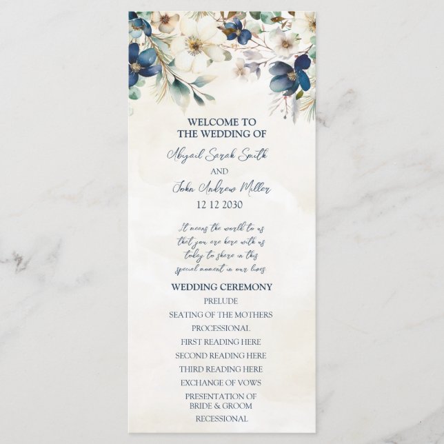 Elegant Blue Floral Winter Wedding Program (Front)