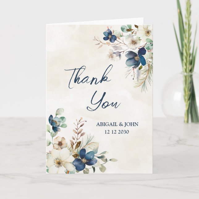 Elegant Blue Floral Winter Wedding Thank You Card (Front)