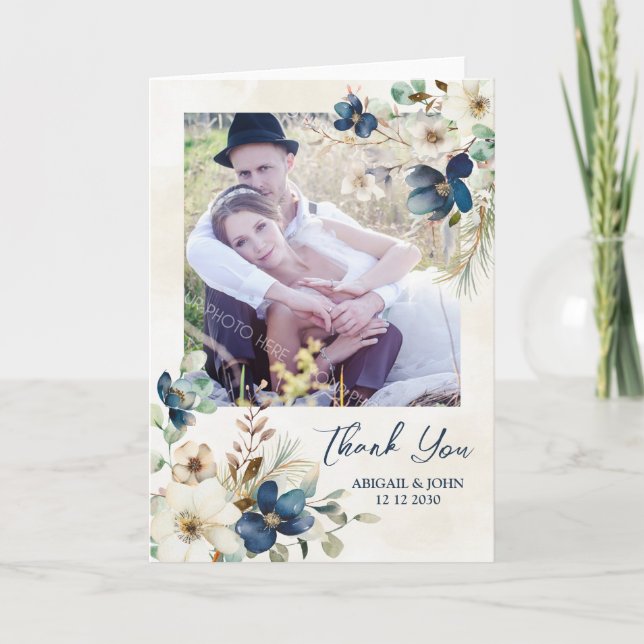 Elegant Blue Floral Winter Wedding Thank You Photo (Front)