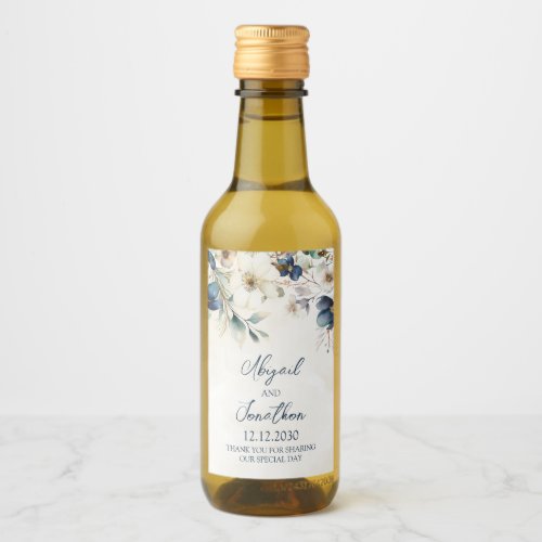 Elegant Blue Floral Winter Wedding Wine Label