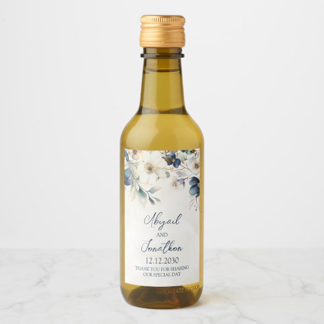 Elegant Blue Floral Winter Wedding Wine Label (Front)