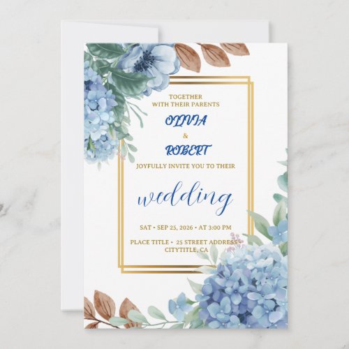 Elegant blue floral with gold frame invitation